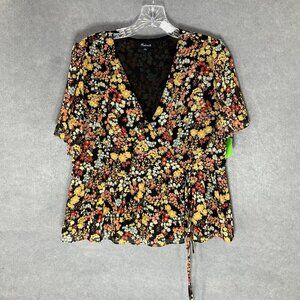 Madewell Top Women Sz S‎ Dark Floral Lined Flowy V-Neck Peplum Flutter Sleeve